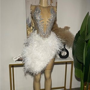 Custom made silver appliqué and white feathered dress stretchy